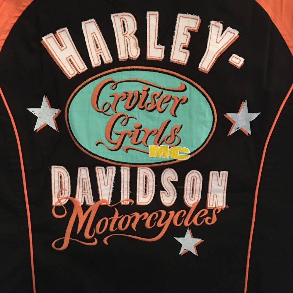 Harley Davidson A Womens 1W Zip Garage Shirt Top Black Coral Turquoise Biker - Picture 7 of 10